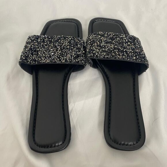 Black Silver Glam Sparkle Rhinestone Embellished Slide Sandals EU 42 / US 11.5 - Picture 3 of 8